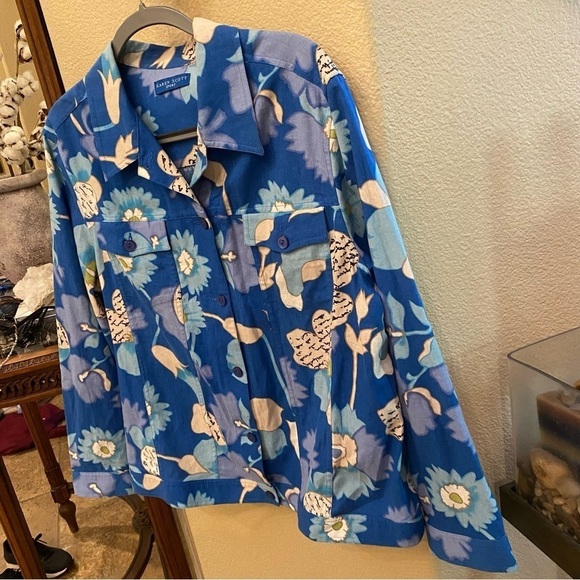 KAREN SCOTT Sport Blue Floral Linen Blend Light Jacket Size XL - Picture 2 of 7
